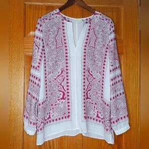 Like New Adrienne Vittadini Burgundy and White Boho Long Sleeve Blouse Size XL